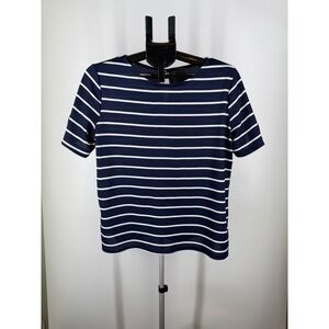 ELLE Navy Blue White Striped Short Sleeve Top Bow Detail Textured Knit Large